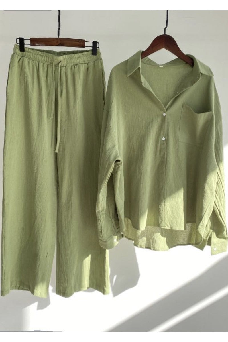 Green Petite Wide Leg Linen Trouser